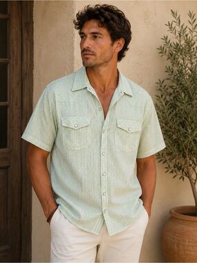 100% Linen Coastal Stripe Button-Up Shirt | Euro Summer Resort Casual